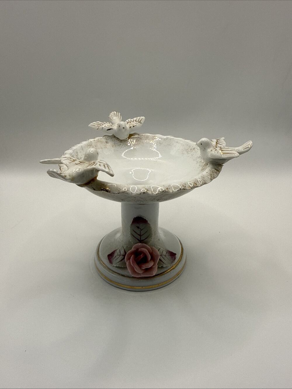 Vintage Lefton Bird Bath Pedestal Rose Hobnail Porcelain Dish